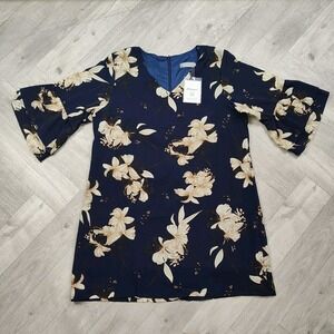 Belongsci Women's Size 2XL V-Neck Bell Sleeve Shift Dress Floral Navy